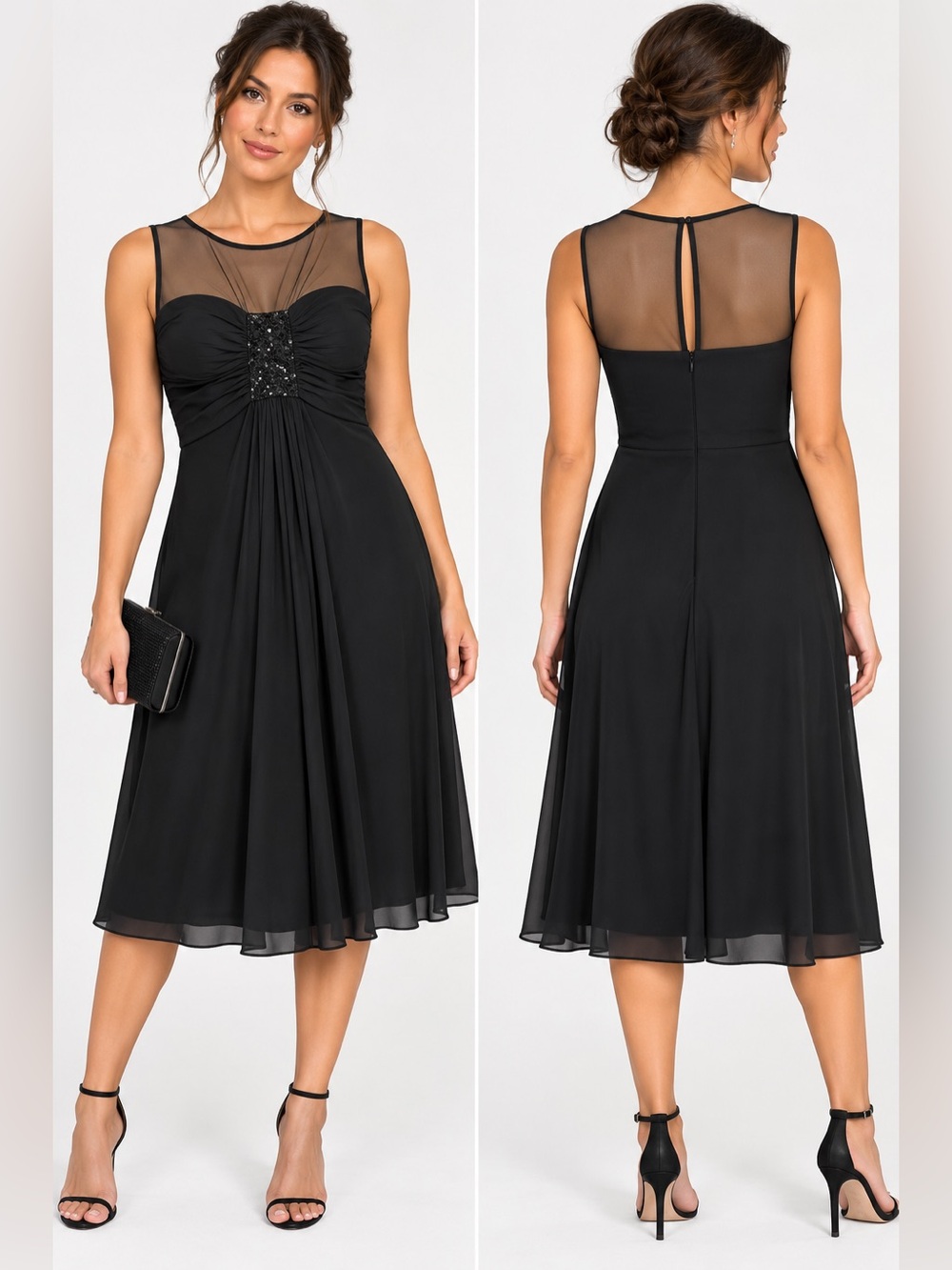 R&M Richards Black Illusion Mesh Beaded Cocktail Dress Size 8 NWT